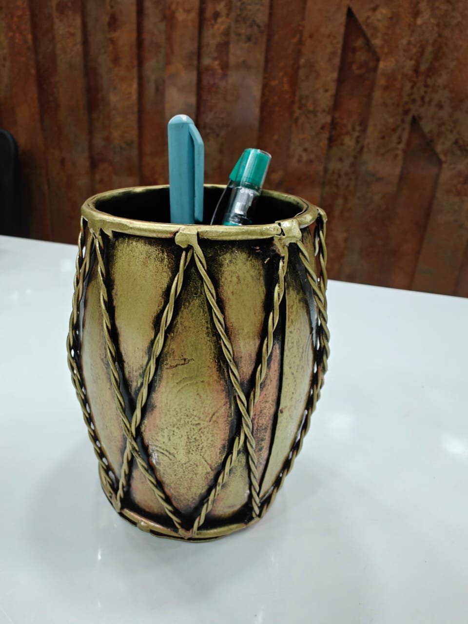 Dholak Pen Stand – Musical Folk Art Desk Piece - Handcrafted Decor