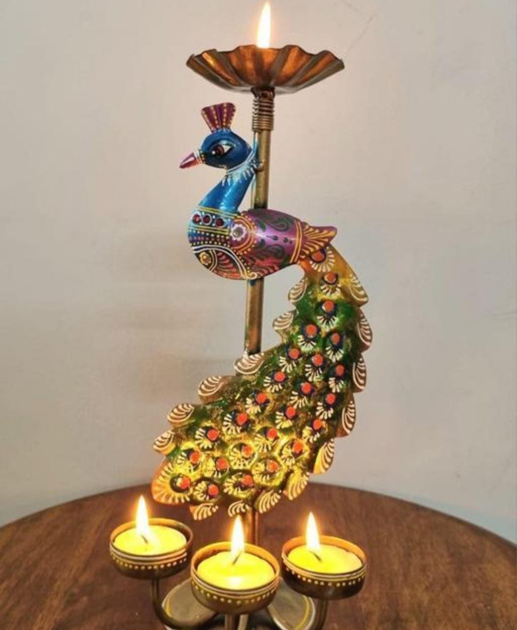 Peacock Tealight Holder Pair – Hand-Painted Folk Art - Handcrafted Decor