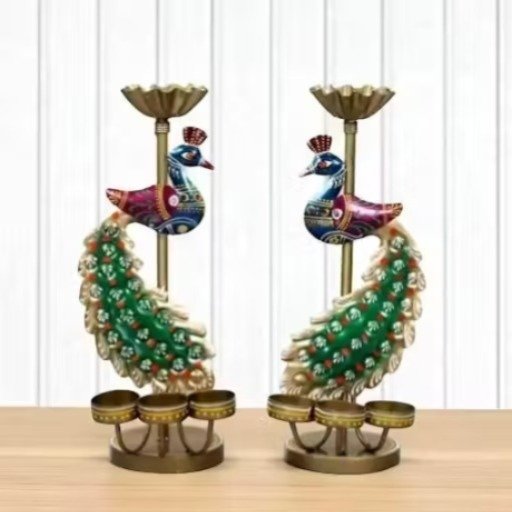 Peacock Tealight Holder Pair – Hand-Painted Folk Art - Handcrafted Decor