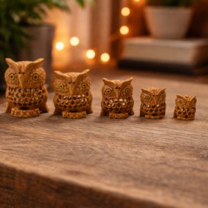 Set of five Kadamb wood owl figurines with hidden baby owls inside lattice carving; Kadamb wood specialty for fine detailing