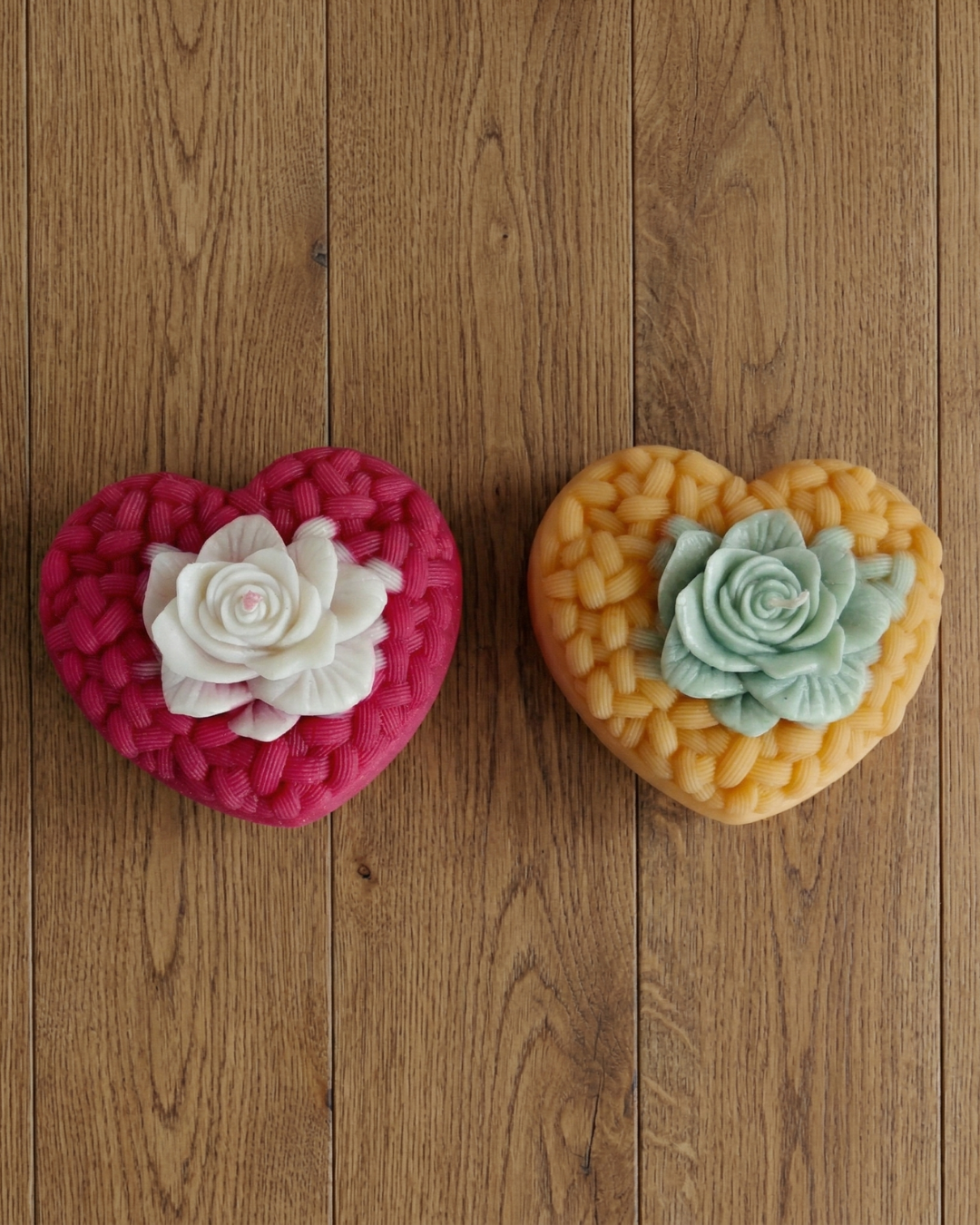 Blossom Heart Woven Candles – Set of 2 Floral Heart Candles - Handcrafted Decor