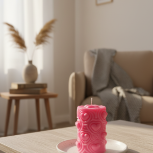 Blush Heartbeat Pillar Candle – Embossed Hearts Décor Candle