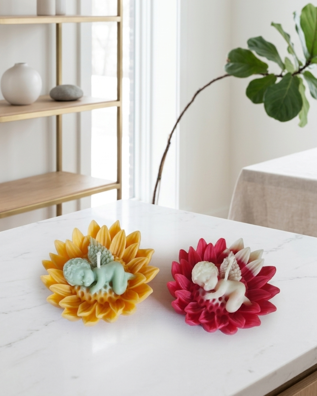 Sunflower Angel Nest Candles – Set of 2 Sleeping Angel Flower Candles