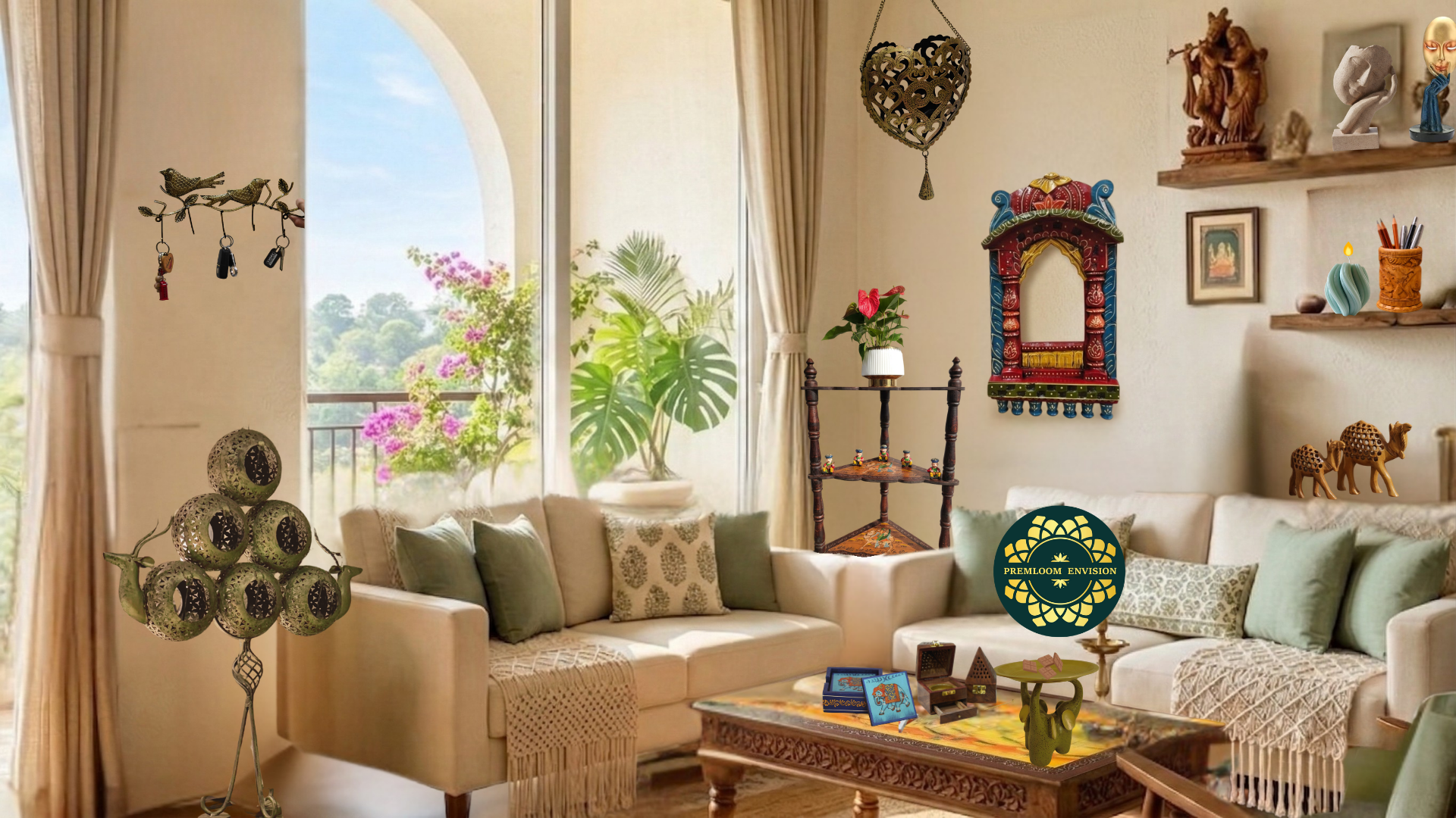 Handcrafted wooden decor in a Rajasthani living room - Premloom Envision