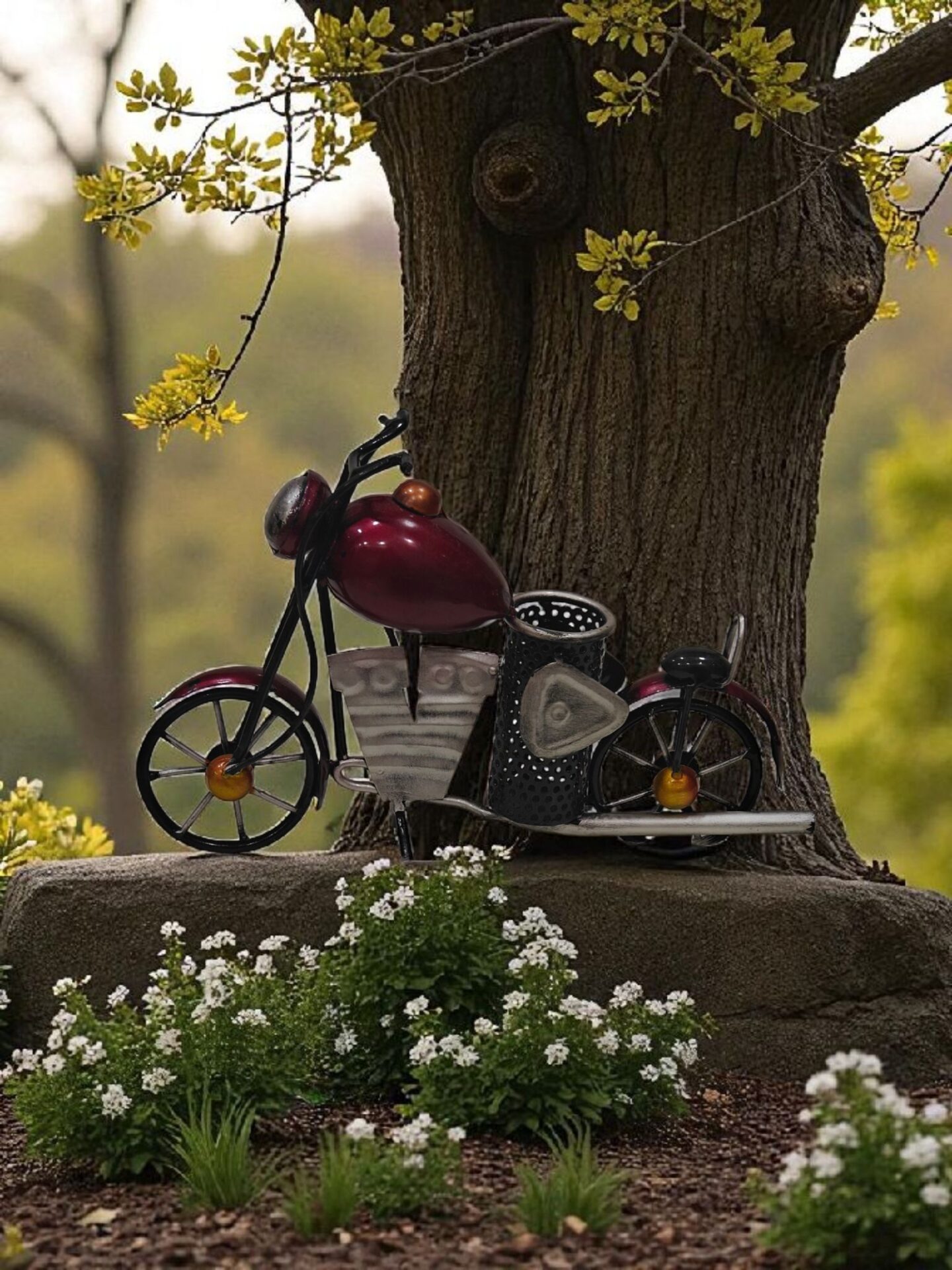 Bike pen stand under a tree with small white flowers