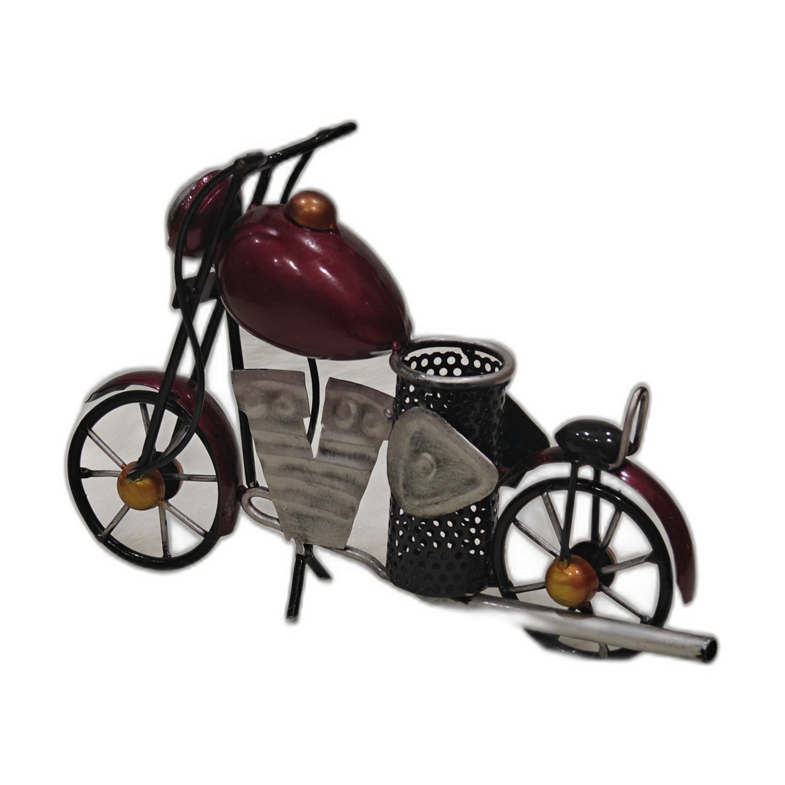 Bike pen stand, handcrafted metal motorcycle desk organiser, on a plain white background