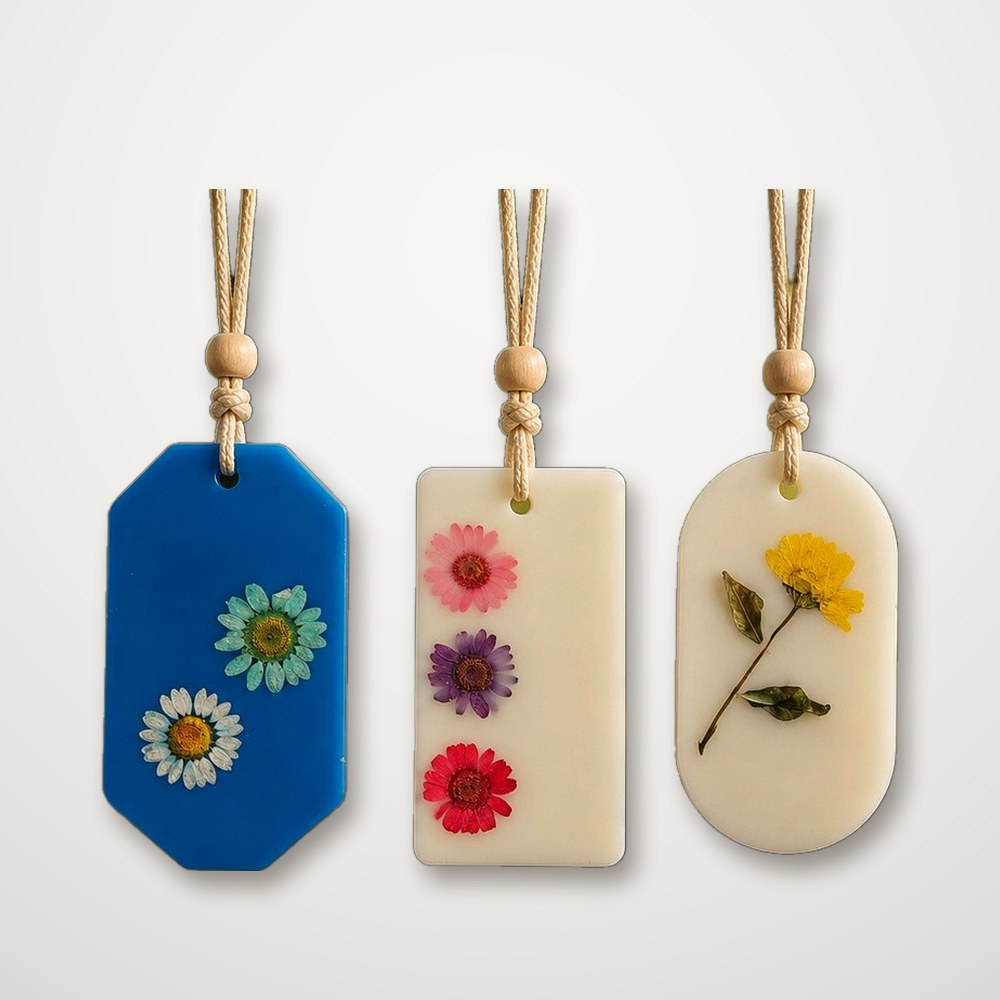 Botanical Wax Tags, blue hexagon, white rectangle and white oval, hanging on cords