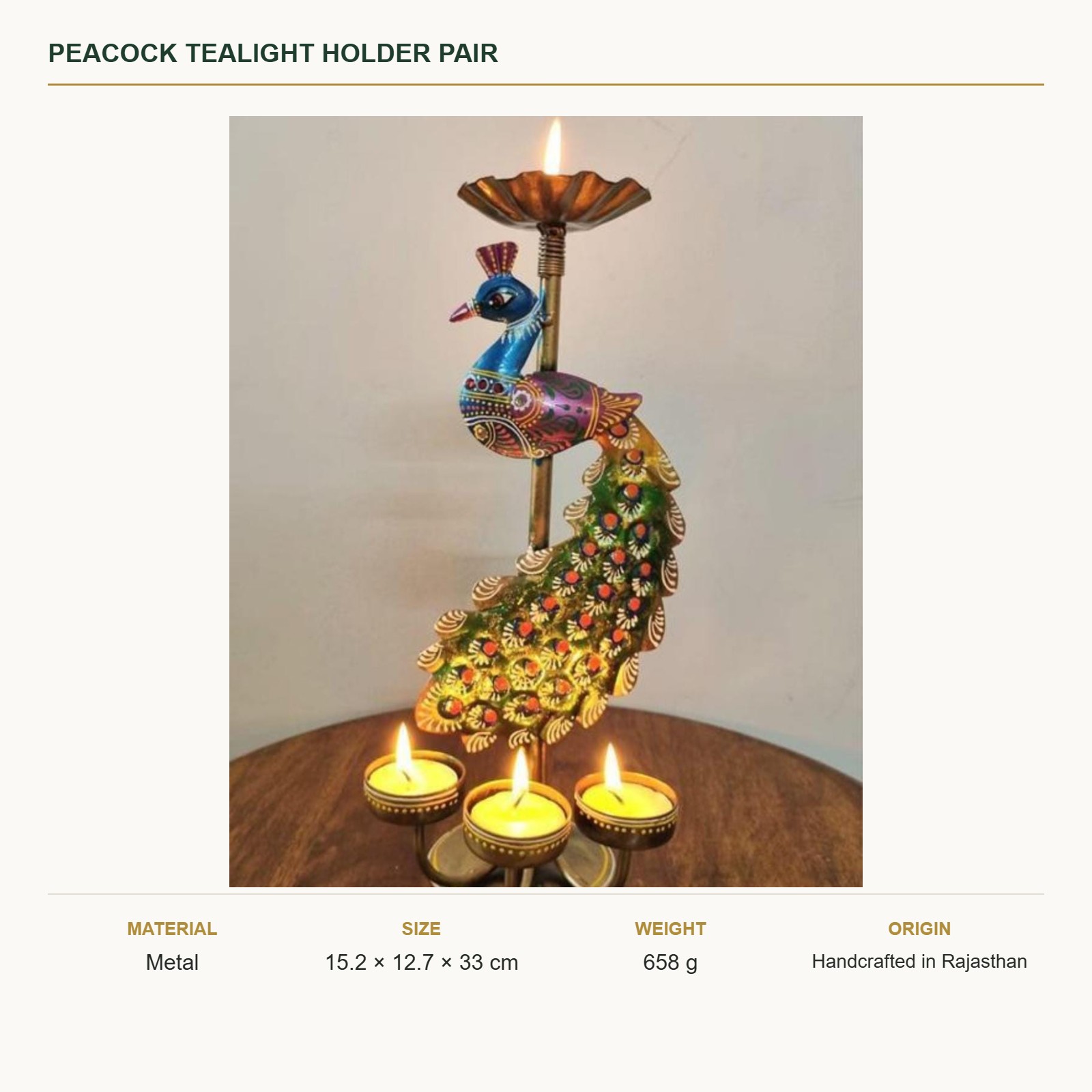 Peacock Tealight Holder Pair: Hand-Painted Folk Art - Image 7