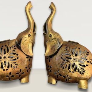 Handcrafted metal elephant diya holder pair from Rajasthan