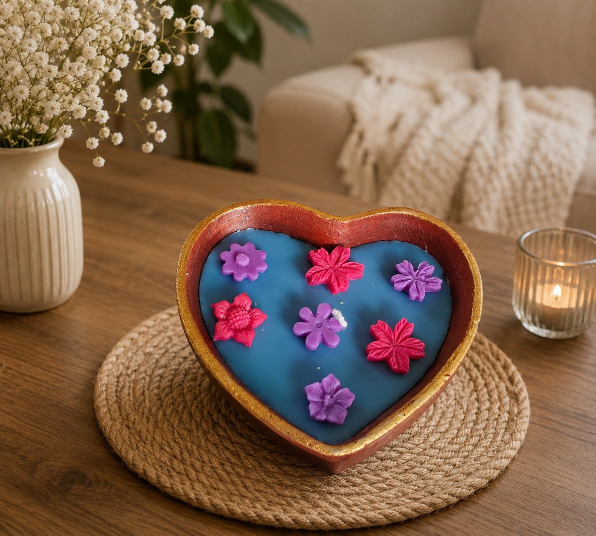 Pressed Flower Heart Candle: Wax Heart on a Woven Mat
