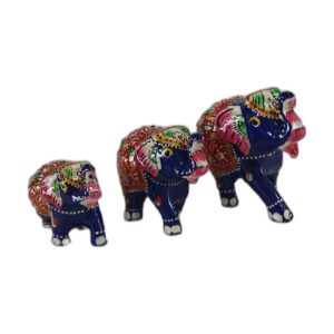Blue and red elephant figurines, set of three, handpainted wood