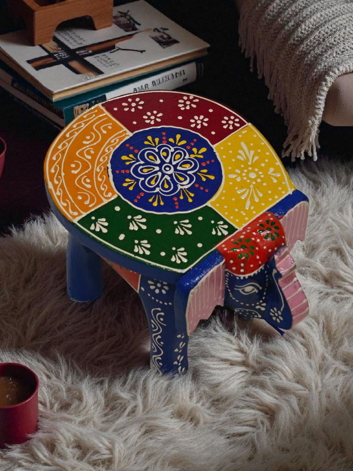 Blue elephant chowki, handpainted wooden stool