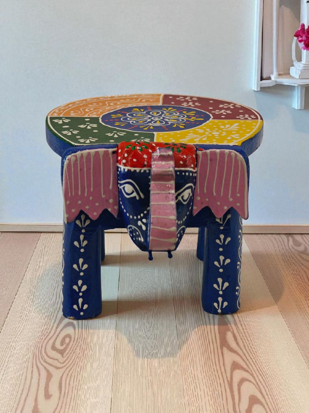 Blue elephant chowki, handpainted wooden stool