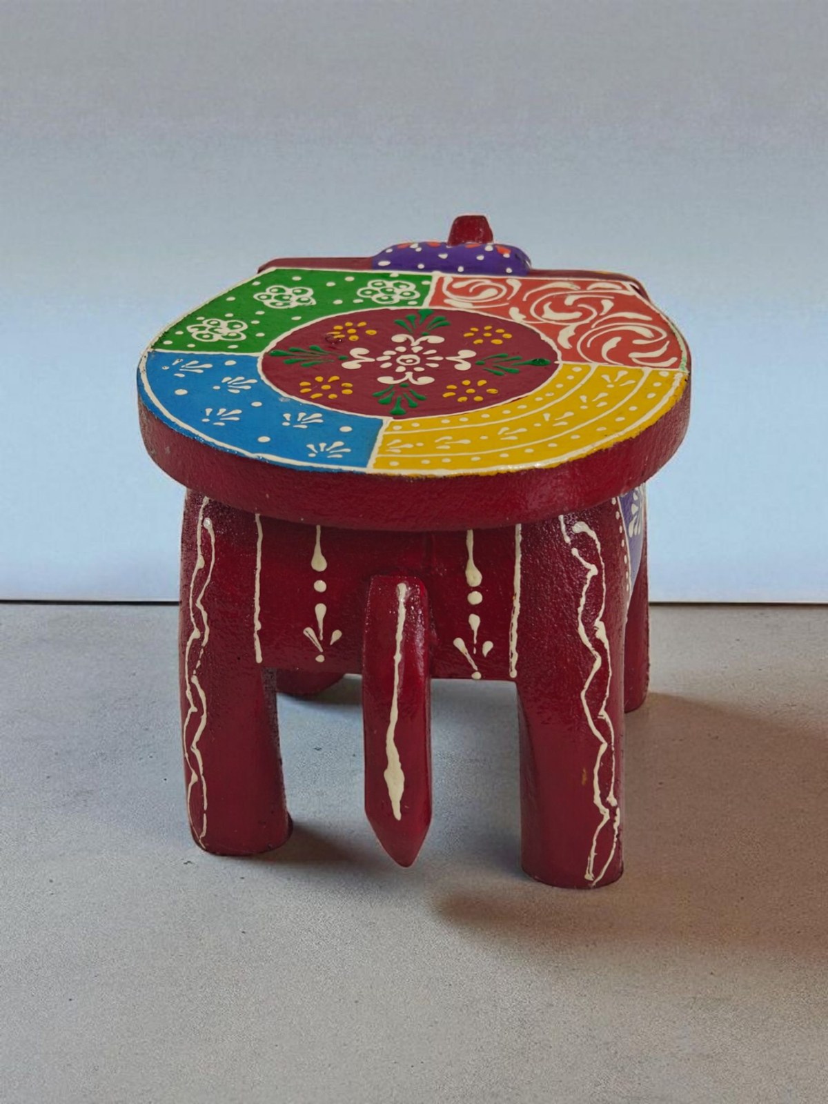 Red elephant chowki, handpainted wooden stool