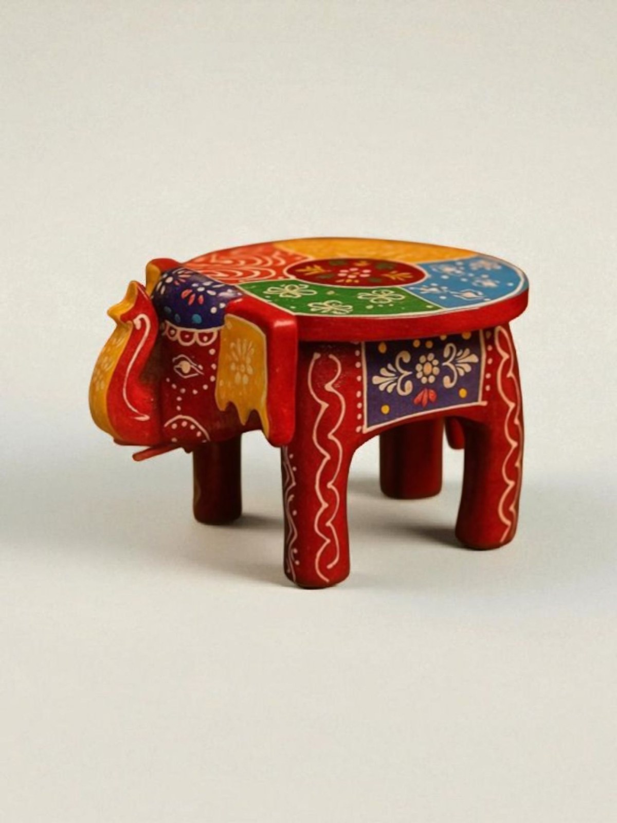 Red elephant chowki, handpainted wooden stool