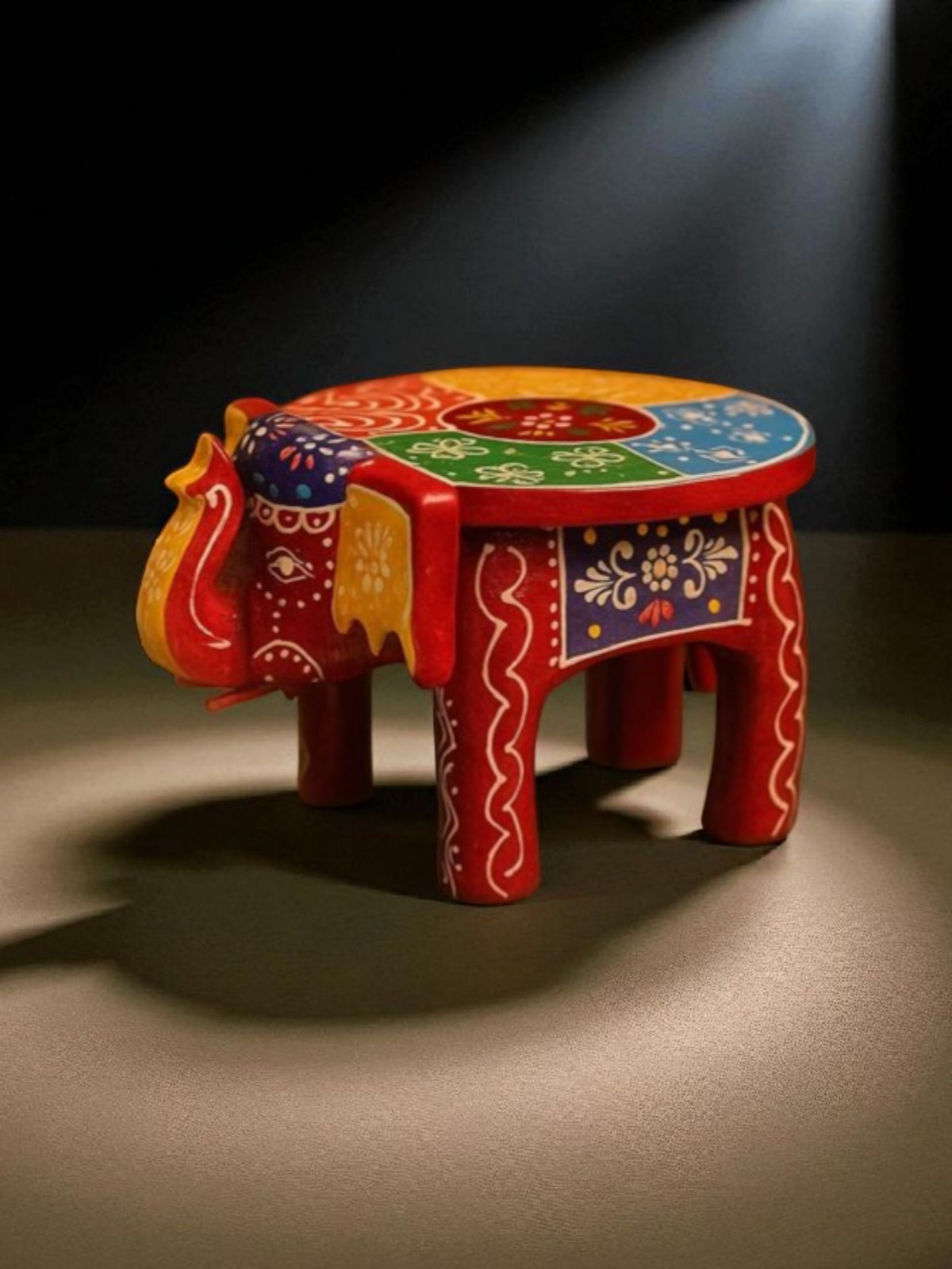 Red elephant chowki, handpainted wooden stool