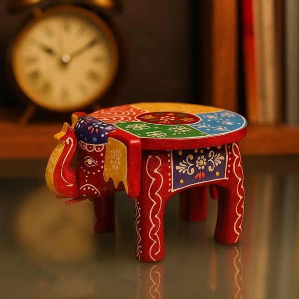 Red elephant chowki, handpainted wooden stool