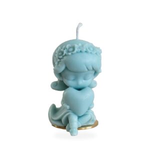 Sky blue Angel Heart Candle, little angel holding a heart, on a white background