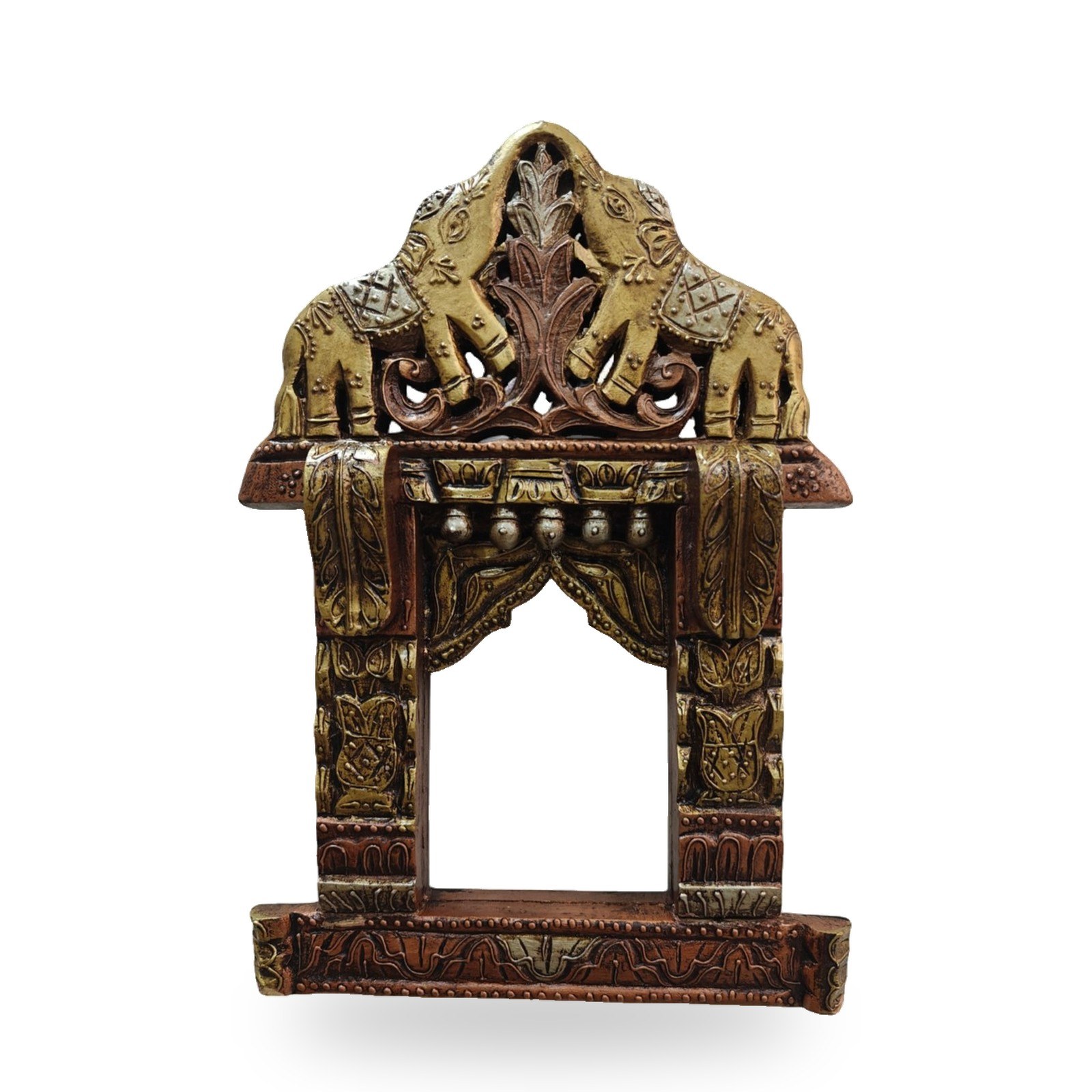 Jharokha with two carved elephants on top and an arched window, on white