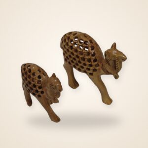 Desert Grace Duo, large and small jali carved camels on a cream background