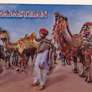 Close up of the printed camel fair scene on the Pushkar Camel Fair Fridge Magnet