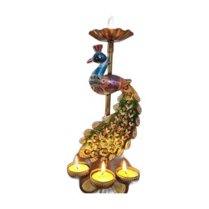 Peacock Tealight Holder Pair: Hand-Painted Folk Art