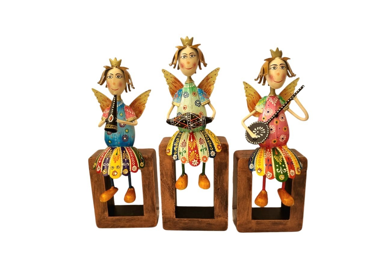 Angel Fairy handpainted metal figurines on wooden base