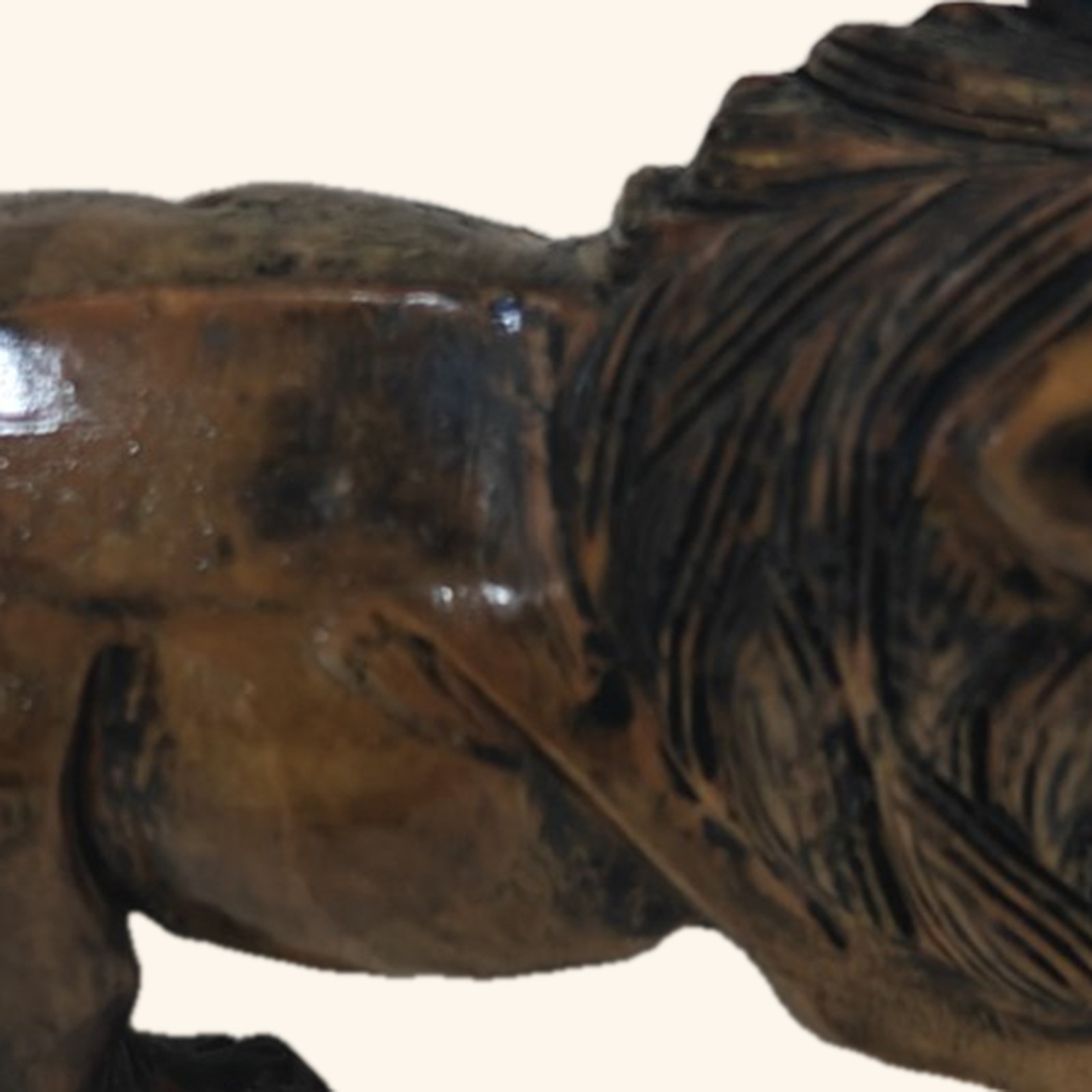 Polished Wooden Lion Figurine, close up of the detail
