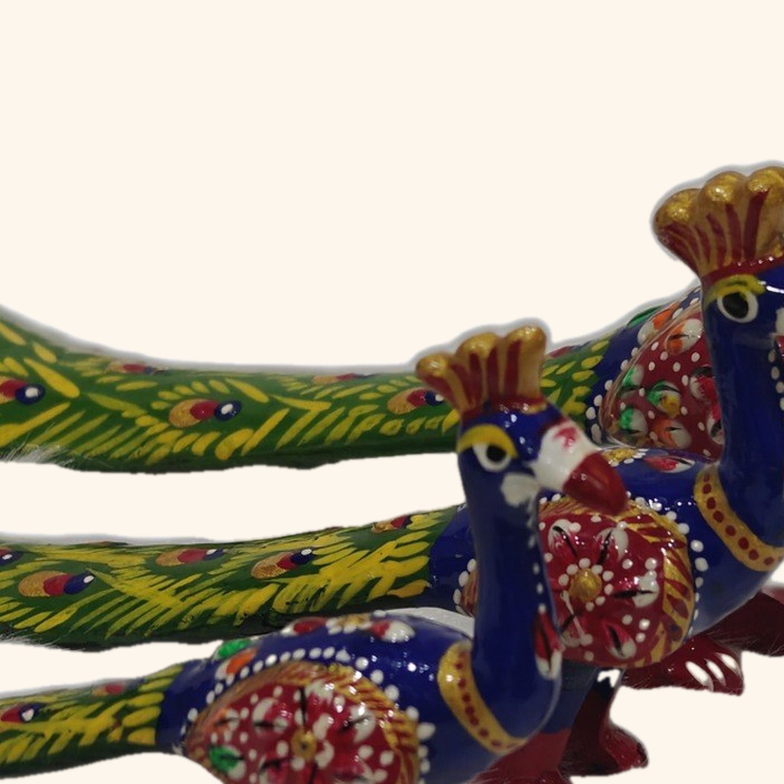 Blue Green Peacock figurines, close up of the detail