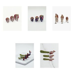 Rajasthani Animal Family: five hand-painted wooden animal sets of three, two elephant sets, a camel set and two peacock sets