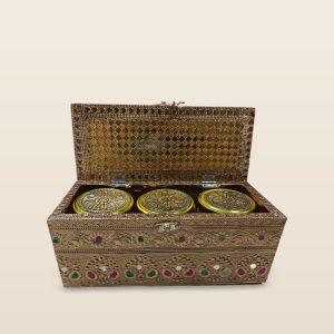 Meetha Moments dry fruit box with 3 glass jars, on a cream background