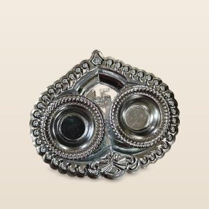 Silver finish haldi kumkum plate with 2 bowls, on a cream background